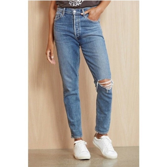 Agolde Nico High Rise Jeans Shoreline 27 Cut Hem & Added Distressed Rip - Picture 1 of 8